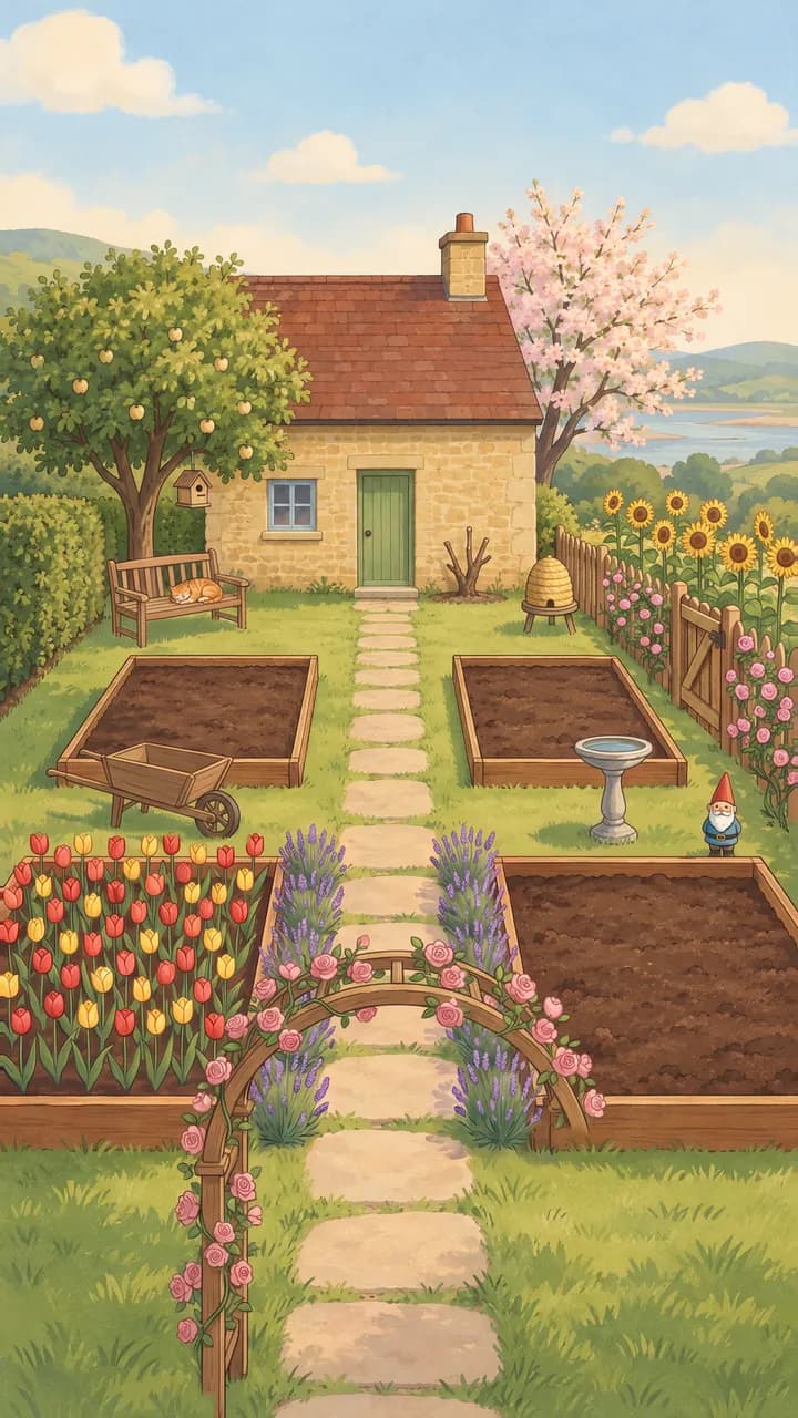 El jardín de la casita de Nana restaurado y en flor