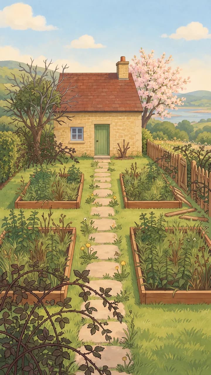 El jardín de la casita de Nana invadido por la maleza, antes de despejar ningún tablero